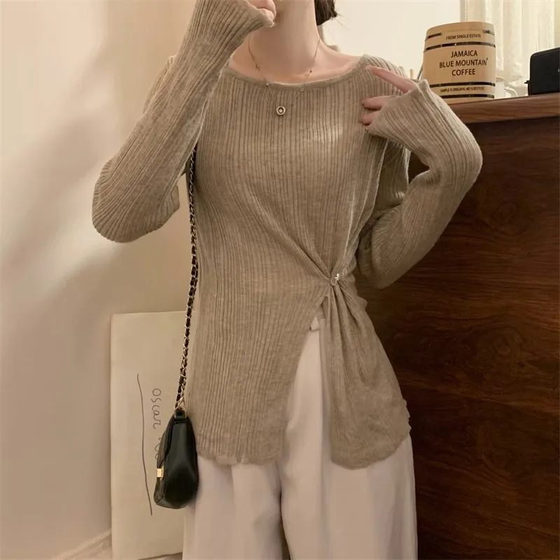 Side-slit Sweaters Women Pleated Retro Fashion French Style Casual Hipster Exquisite Long Sleeve Spring Personality Ladies Tops