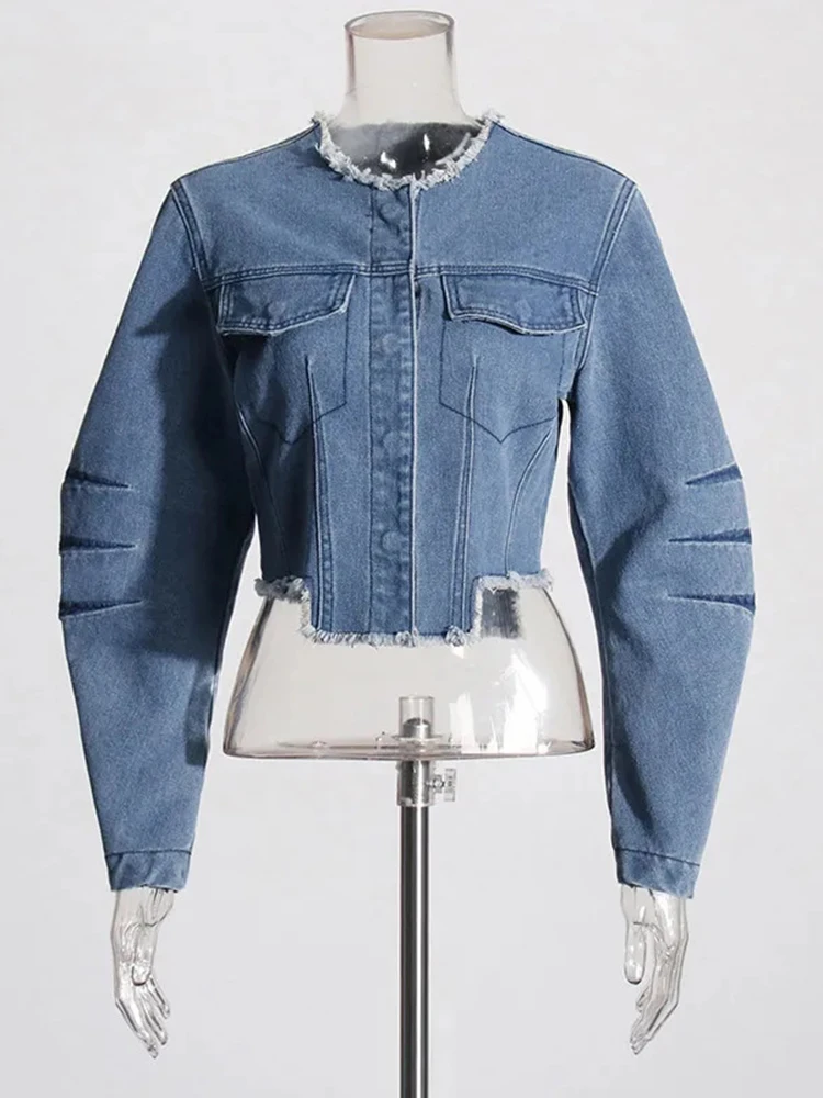 TWOTWINSTYLE Solid Patchwork Rawhem Denim Coat For Women Round Neck Long Sleeve Designer Slimming Shorts Jacket Female Fashion
