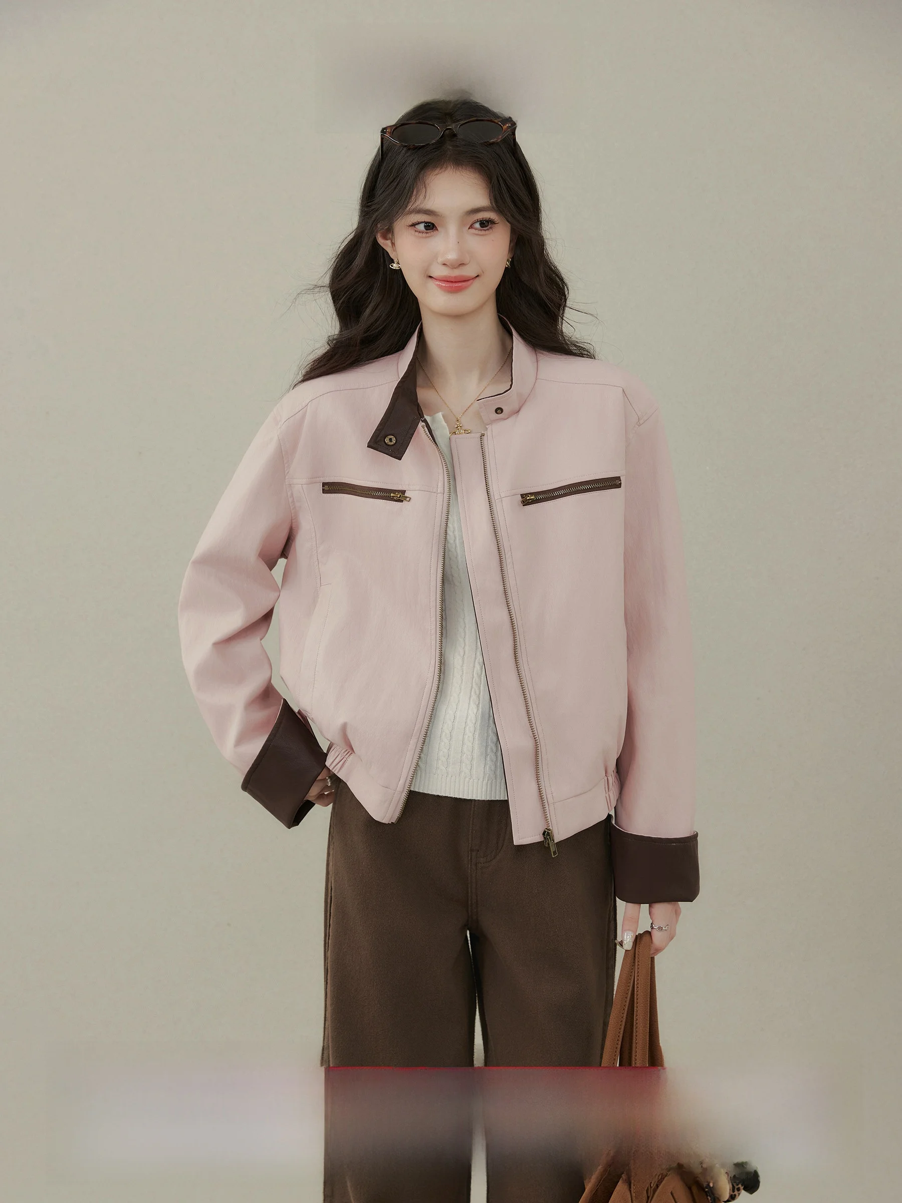 

Unique Pink Outerwear Women's Jaet Stberry Latte Series Casual Sle Long Sve Zipper Closure Regular Length Coat