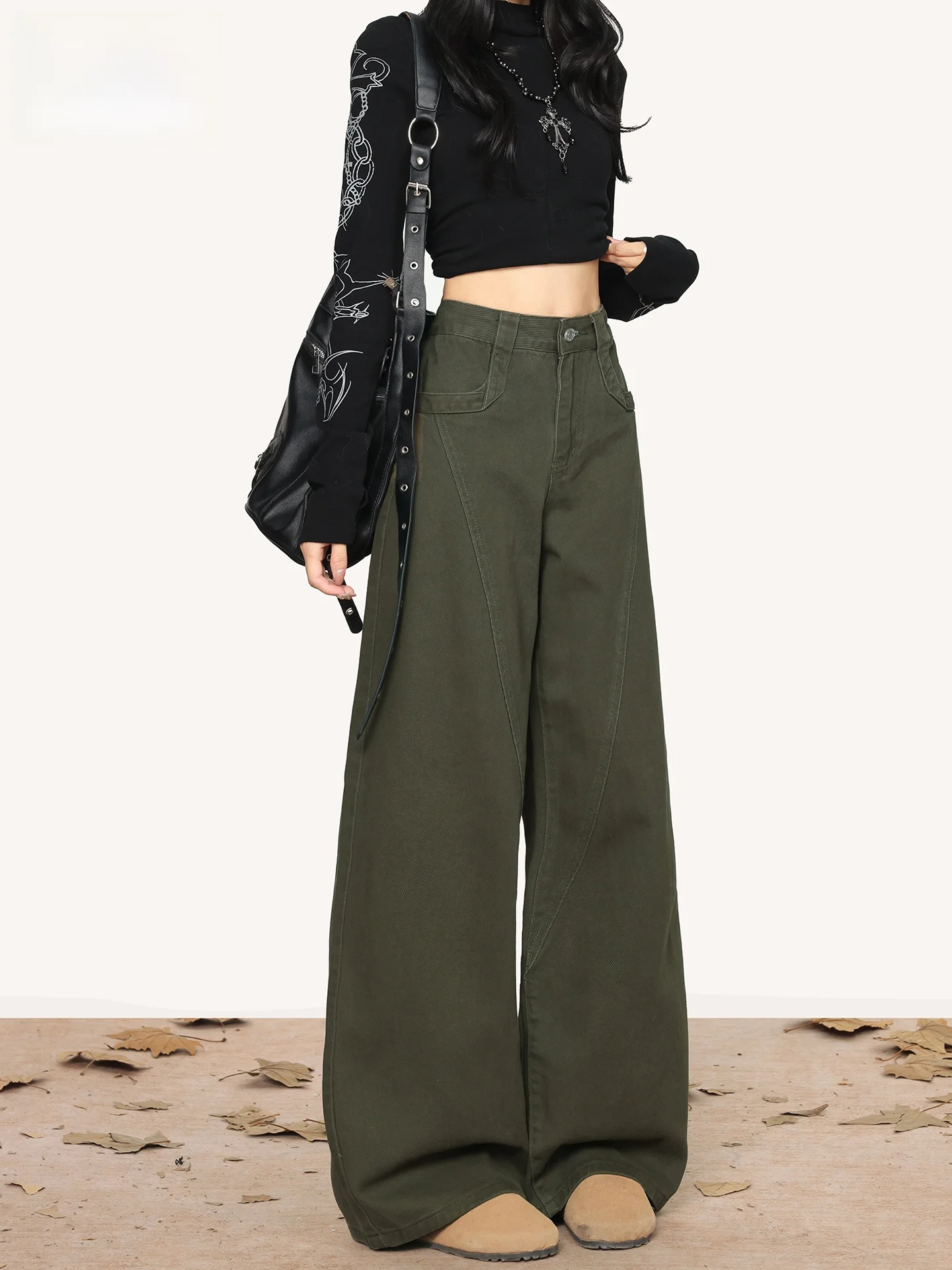 

Женские джинсы с высокой талией и широкими штанинами, прямого кроя, цвета хаки, однотонные, модные, летние, свободного кроя, длиной в пол