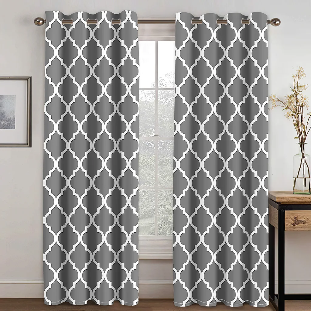 

Geometric Moroccan Printed Curtains, Grey and White, French Window Decoration, Home Parlou, Bedroom, LivingRoom