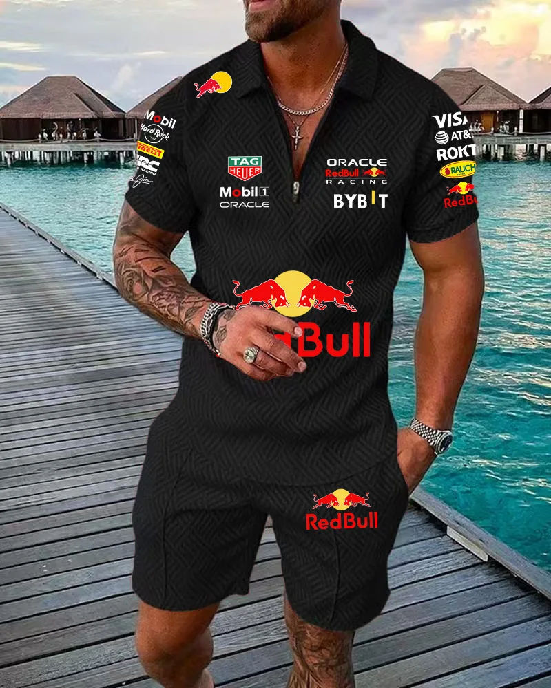 Casual style polo set, Red Bull team uniform, zippered POLO shirt + shorts, comfortable and fashionable set, street style cool