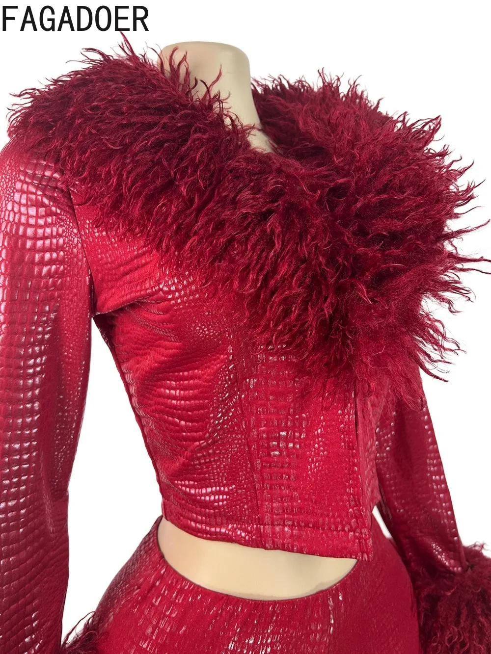 FAGADOER 冬の新ファッションゴールドスタンピングツーピース衣装女性革毛皮パッチワーククロップジャケット + パンツ女性ストリートウェア