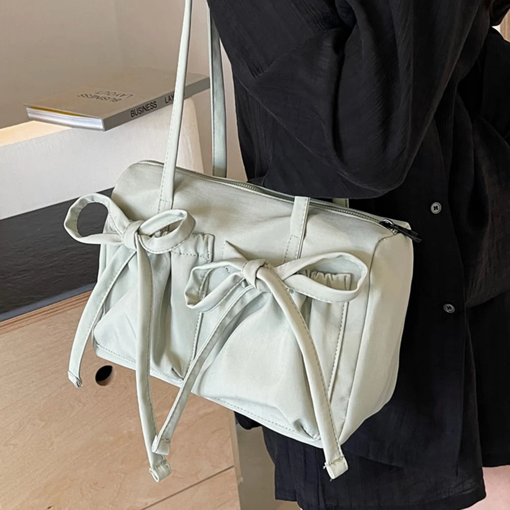 Lightweight Casual Nylon Shoulder Bag Unique Fresh Gentle Bow Design Travel Bag Solid Color Soft Large Capacity Women's Tote Bag