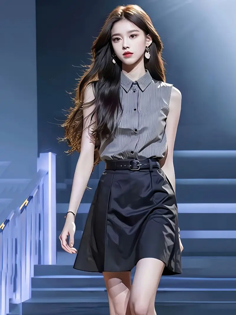 Korea Women'S Two Piece Skirt Set Shirt Fashion Woman Blouse Female Clothing Sleeveless Womens Tops Elegant Youth Woman Blouses