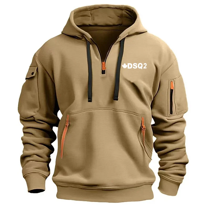 

Men's solid colour, half zip print hoodie, casual workwear for hip-hop street sports