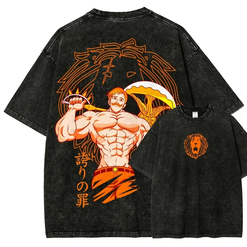 Camiseta con estampado gráfico de Escanor de los Siete Pecados Capitales de anime japonés, camiseta de algodón lavado vintage a la moda para hombre y mujer, top oversize