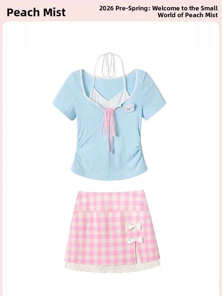 Sweet Dopaamine Women's Summer Short Sleeve T-Shirt And Halter Neck  Skirt Two-Piece Set Pastel Checkered Print Office Ca...