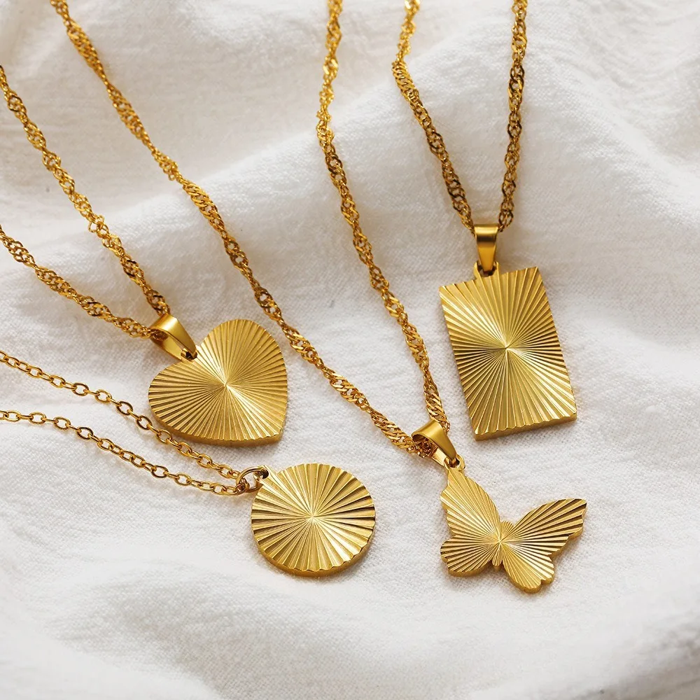 

Gold Textured Pendant Necklace , Heart Circle Butterfly Rectangle Charms, Classic Simple Gold Plated Waterproof Jewelry Gifts