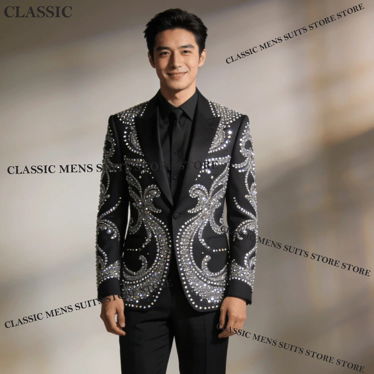 

Sparkly Customized Tuxedos Men Suits Glitter Diamond Decoration Peaked Lapel Groom 2 Pieces Set Wedding Male Prom Blazers suit