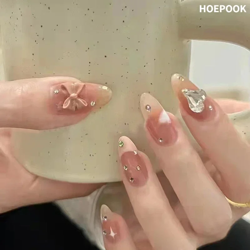 Uñas postizas ovaladas, uñas postizas decorativas con diamantes de imitación, cobertura completa, resistentes al agua, 24 piezas