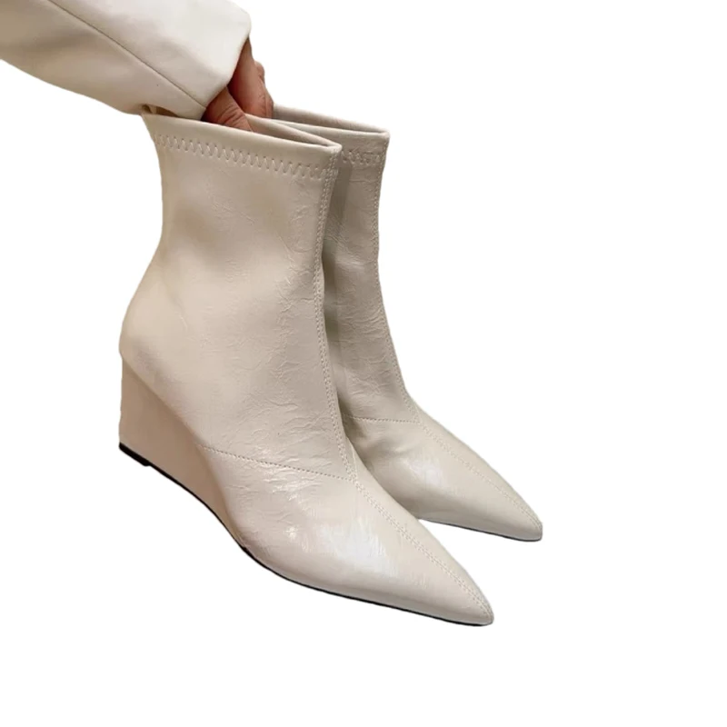 النساء أشار تو حذاء من الجلد أسافين أحذية فاخرة عالية الكعب أحذية شتاء 2025 الاتجاه تشيلسي الأحذية فستان مضخات الحفلات Mujer بوتاس #6