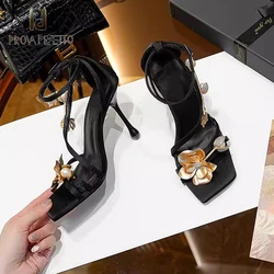 Pearl Metal Flower Decor Sexy Ladies Summer Sandal Shoe Party Prom Dress Heels All Match Women Black Satin Open Toe Sandalias