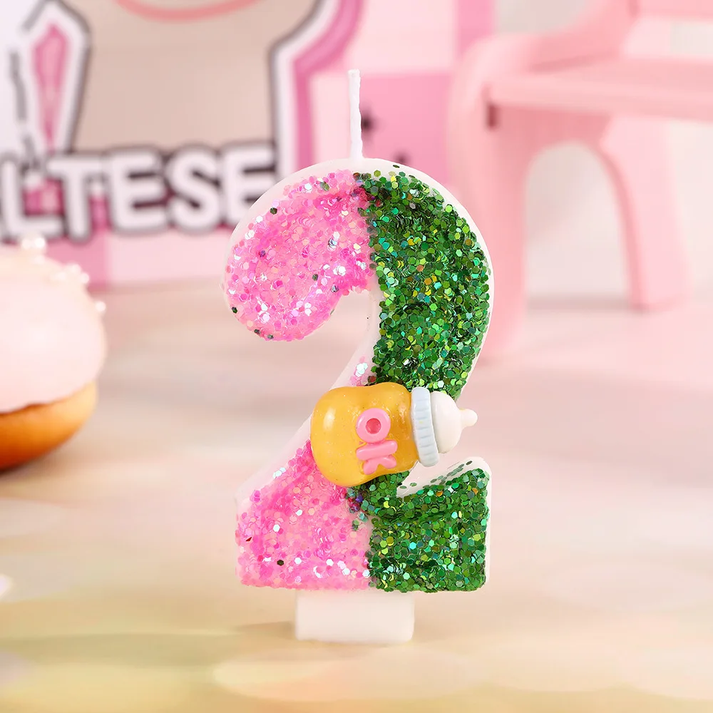 Botella de bebé de dibujos animados Ok, vela de cumpleaños, retales rosa y verde, vela Digital con lentejuelas, decoración de pastel de postre para fiesta y Festival