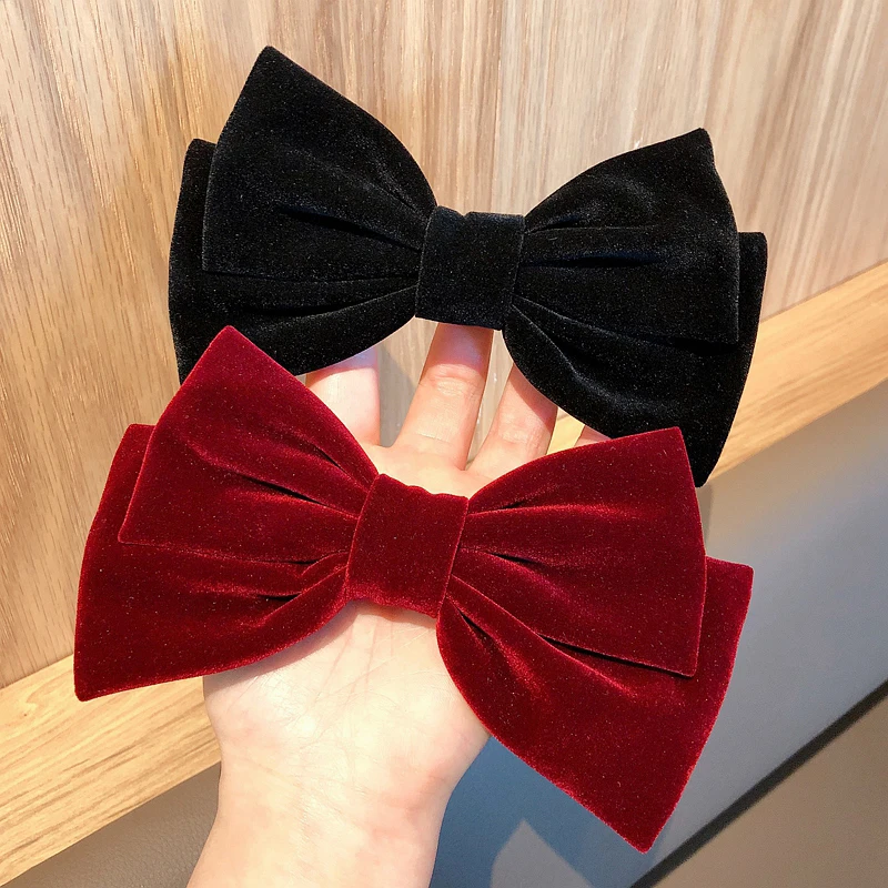 Black Red Velvet Bow Hair Pins Elegant Fabric Hair Clips Rubber Band for Women Fashion Ponytail Barrette Heawear Accessories