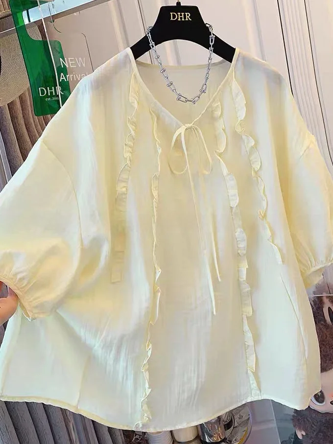 

plus Size Women's Short Sleeve Shirt Sweet Style Floral Lace Hem Babydoll Top Student Summer Breathable Polyester Casual Wear