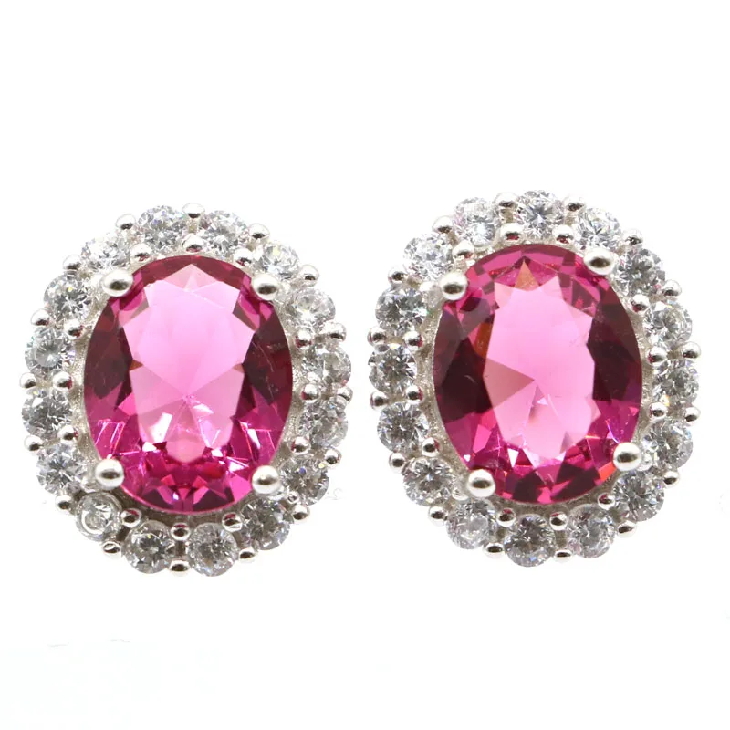 

15x13mm Luxury 3.7g Pink Tourmaline White CZ Women Wedding 925 Solid Sterling Silver Earrings