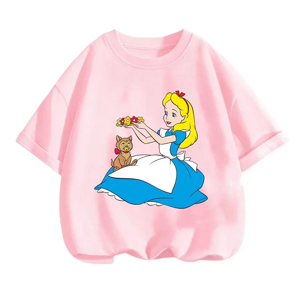 Cool Disney Alice in Wonderland Summer T-Shirts for Kids Q-Version Cartoon Prints O-Neck Trendy Street Upper Wear for Boys Girls