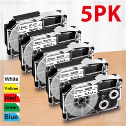 2/5Pcs XR12WE XR9WE Black on White Tape Compatible for Casio XR-12WE XR-9WE XR-12YW XR-12X 9/12mm Label for KL-60 Label Maker