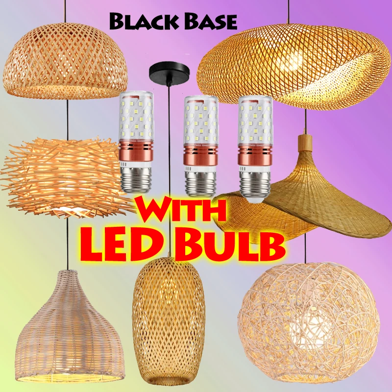 LED Bulb Rattan Wicker Pendant Light Bamboo Wood Ceiling Rustic Lustre Chandelier Hanglamp Hand Craft Home Living Bed Room Decor