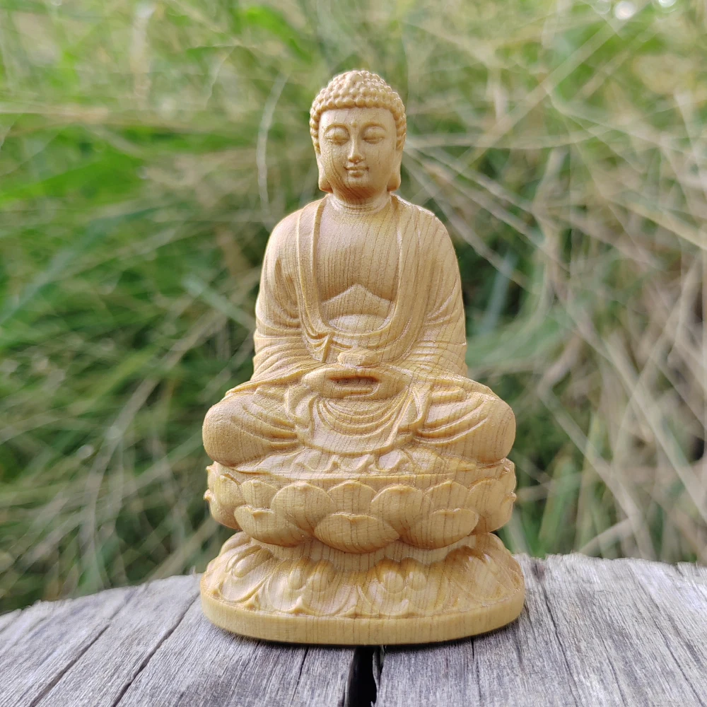 Statue de Bouddha en bois sculptée à la main de 3,1 pouces, esthétique orientale, style traditionnel, convient pour la décoration de bureau, décorations de bureau, décoration de la maison, salon, cadeau de rentrée scolaire, cadeau d'anniversaire, cadeau de Noël