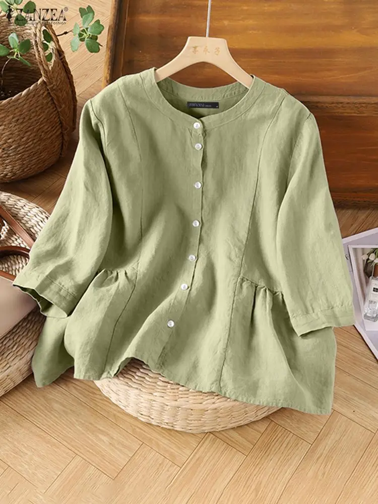 

ZANZEA 2025 женские осенние рубашки повседневные топы с круглым вырезом и длинными рукавами женская хлопковая блузка элегантная однотонная рабочая рубашка сорочка большого размера