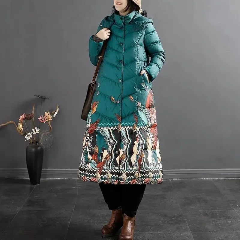 Women Down Jacket Winter Coat Female Thicken Long Parkas Plus-size Ethnic Print Outwear Detachable Cap Loose Overcoat New 2024