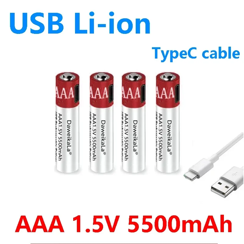 Charger Free Large Capacity 1.5V AAA 5500mah USB Rechargeable Lithium Battery for Remote Control Wireless Mouse + TypeC Cable