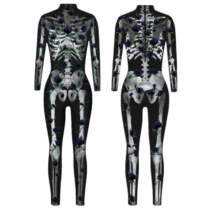 Festtags-Karnevalskostüm Skelett-Bedruckte Bodysuits für Frauen Bunte Halloween-Cosplay-Jumpsuits Zentai-Catsuit – Detail 24