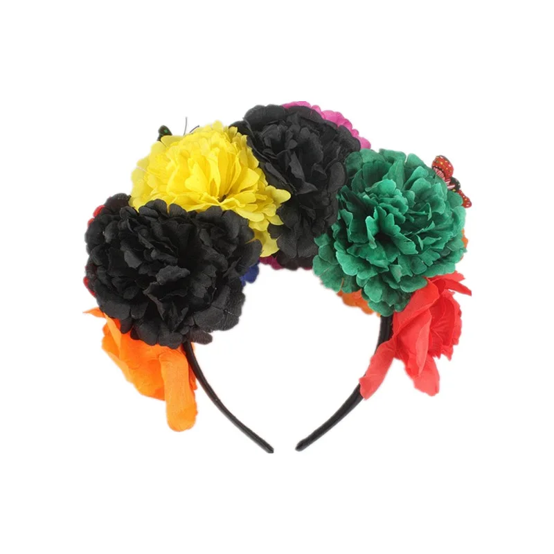 Halloween Simulation Colorful Peony Flower Headband Fairy Butterfly Mexican Crown Cosplay Day of The Dead Headpiece