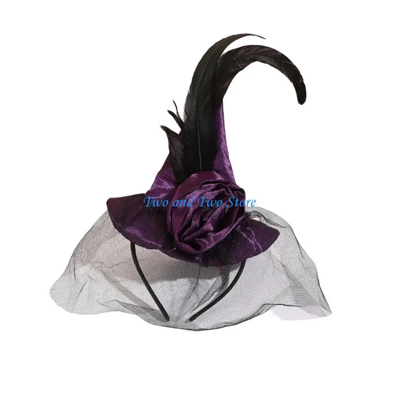 HX6F Halloween Witch Hat Hair Hoop with Rose Mesh Drape Trim