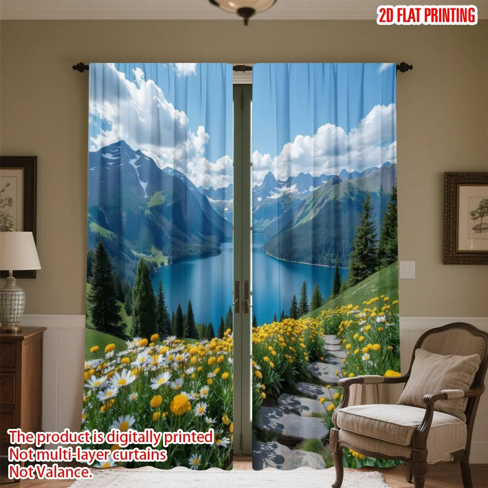 

2D flat printing 2pcs Window Drapes Mountain Lake View Digital Printed Polyester Drapes Festive Wall Decor for Photo Booths &