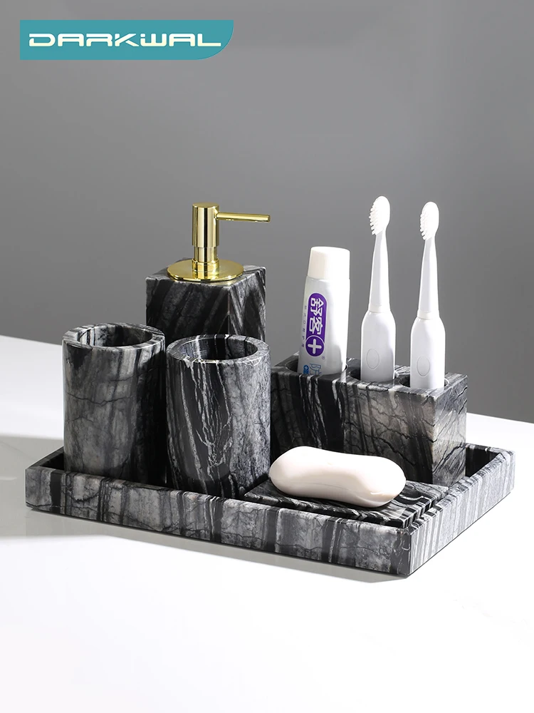 

Tree Black Natural Marble Set for Bathroom Luxury Cotton Swabs Container Soap Dispenser Soap Dish Tray Bathroom Accessories