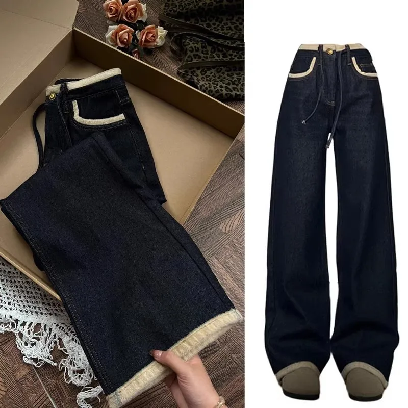 

Retro Thickened Fleece Women's Jeans Loose Wide Leg Pants Comfortable High Waist Long Trousers for Autumn Winter Season