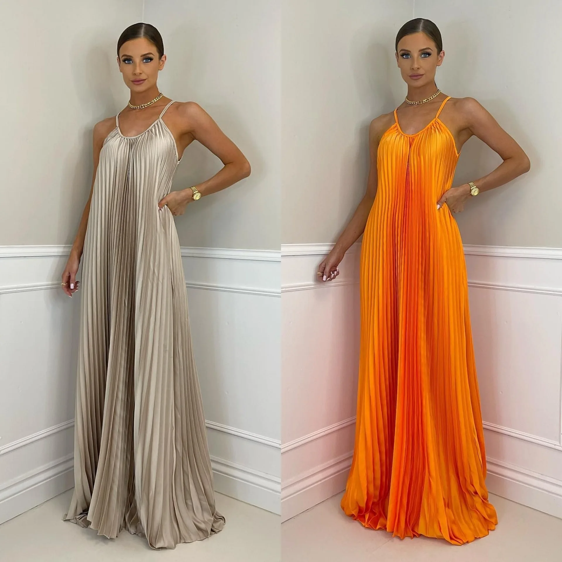 

New Vacation Banquet Simple And Elegant Pleated Long Hanging Neck Dress