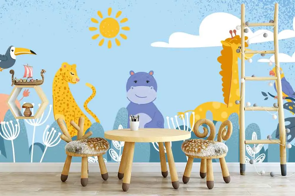 Cute Cartoon Zoo Giraffes Print Children's Room Decoration Wallpaper Peel and Stick Family Wallpaper Funitures Paper Decoration