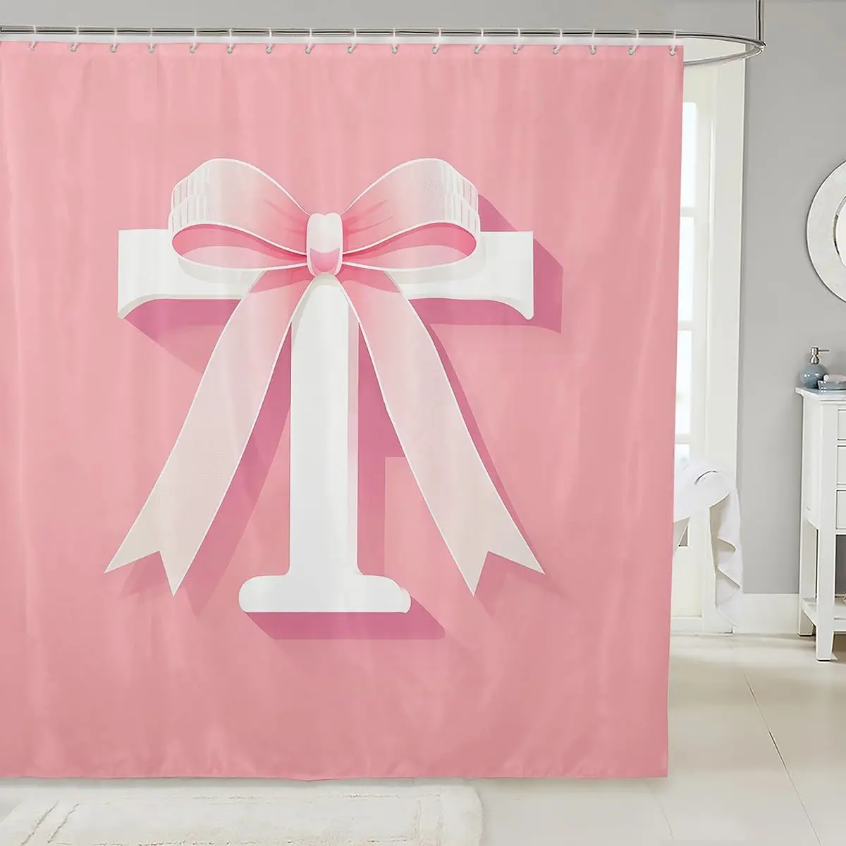 

Pink Letter I Monogram Bow Design Shower Curtain Cute Personalized Girls Bathroom Accessory Bow Design Shower Curtain Cute