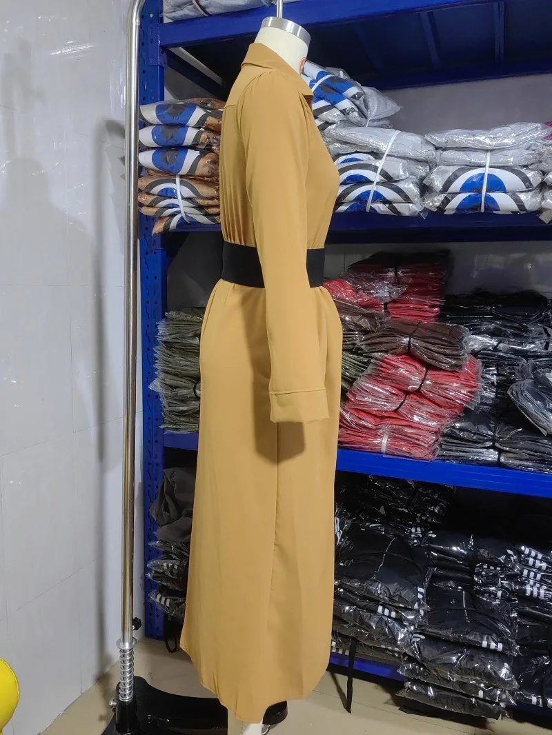 Sukienka maxi w stylu klasycznym DSMTRC, seksowna, elegancka, modna, z wysokim stanem, kołnierzykiem, idealna na imprezy klubowe, długa sukienka damska, koszula, szata.