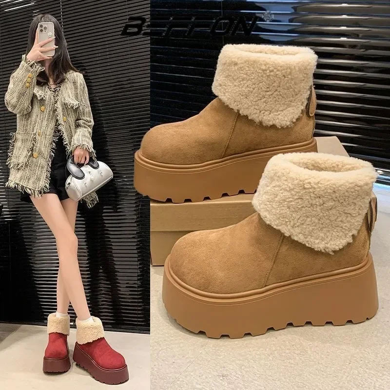 2025 Fleece mouth thick sole elevating snow boots women's wool mango head short tube thickened warm northeast snow cotton boots