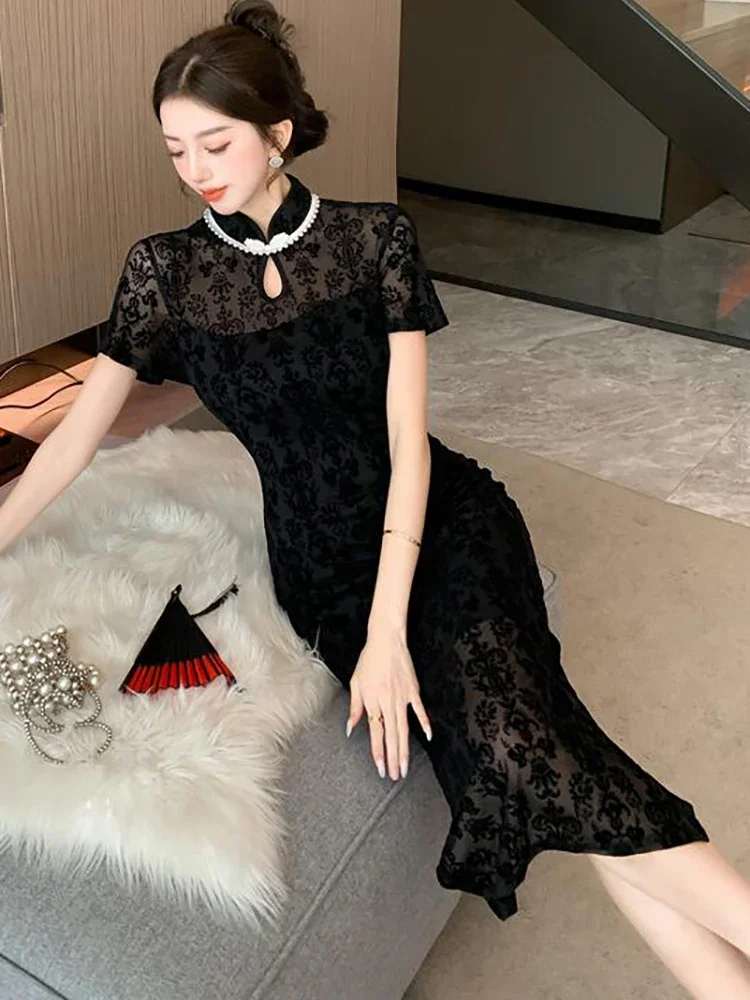 Black Jacquard Elegant Party Dresses Woman Summer Short Sleeve Chic Sheer Beading Luxury Long Dress 2024 Korean Vintage Vestidos