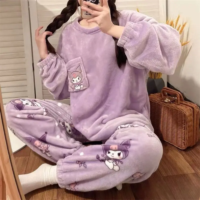 Sanrio Hello Kitty Soft Coral Fleece Home Clothes 2 Piece Set Women Pullover Tops Pants Pajamas Suit Female Plush Sleepwear