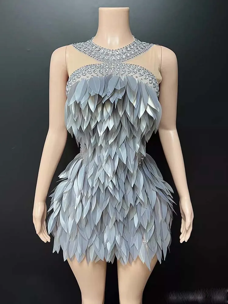 

High Quality Rhinestone Leaf Shiny Stretch Silver Dress 2026 New Fashion Custom Women'S Clothing