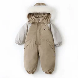 New Winter Baby Children's Overalls Fur Lining Girls Hooded Jumpsuit Boys Waterproof Ski Suit Kid's Warm Snow Wear Outwear