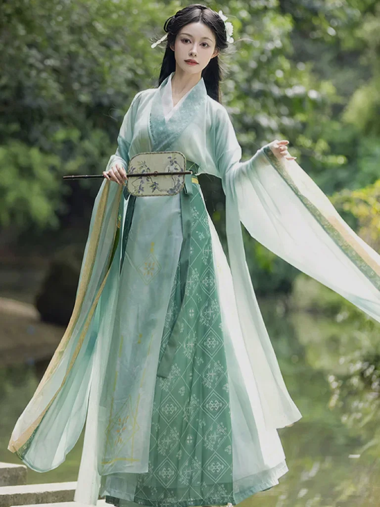 

Wei Jin Dynasty Green Hanfu Women's Crossed Collars Wide Sleeved Chinese Taditional Cosplay Costume Stage Performance Dress