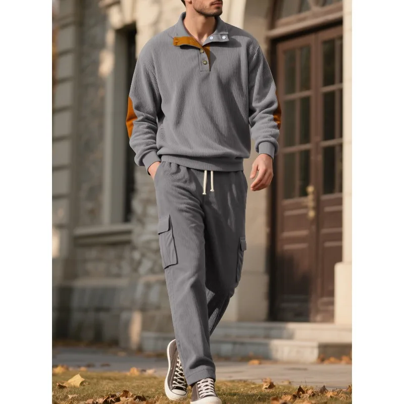

Corduroy Sweatshirts and Sweatpants Autumn and Winter fashion Stand-up Collar Access Control Pullover Work Pants Set for Men