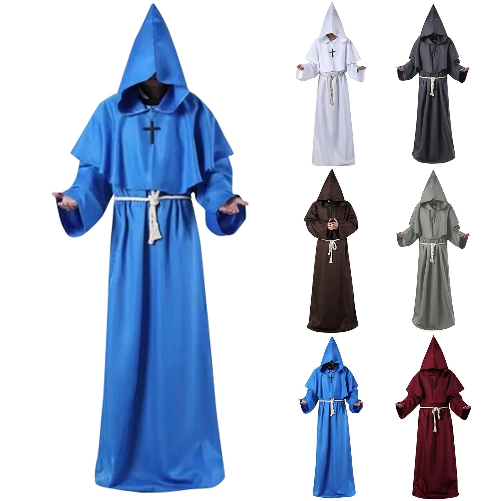 Medieval Monk Robe Hooded Monk Cowl Renaissanc Cape Priest Robe Halloween Cosplay Costume Wizard Fancy Punk Cloak Mask