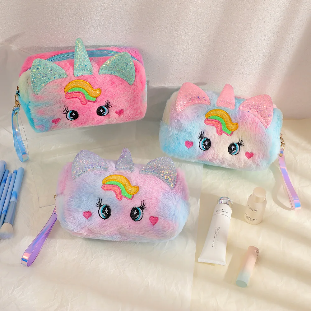 Cartoon Unicorn Big Eyes Plush Makeup Bag Girl Cute Carry Travel Toiletry Bag Student Stationery Pen Bag for Travel Organization