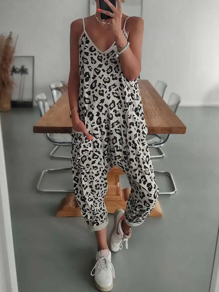 Nuevos monos con estampado de leopardo y bolsillo, monos de moda sin mangas de verano para mujer, monos elegantes de retazos con cuello en V 2025 para mujer
