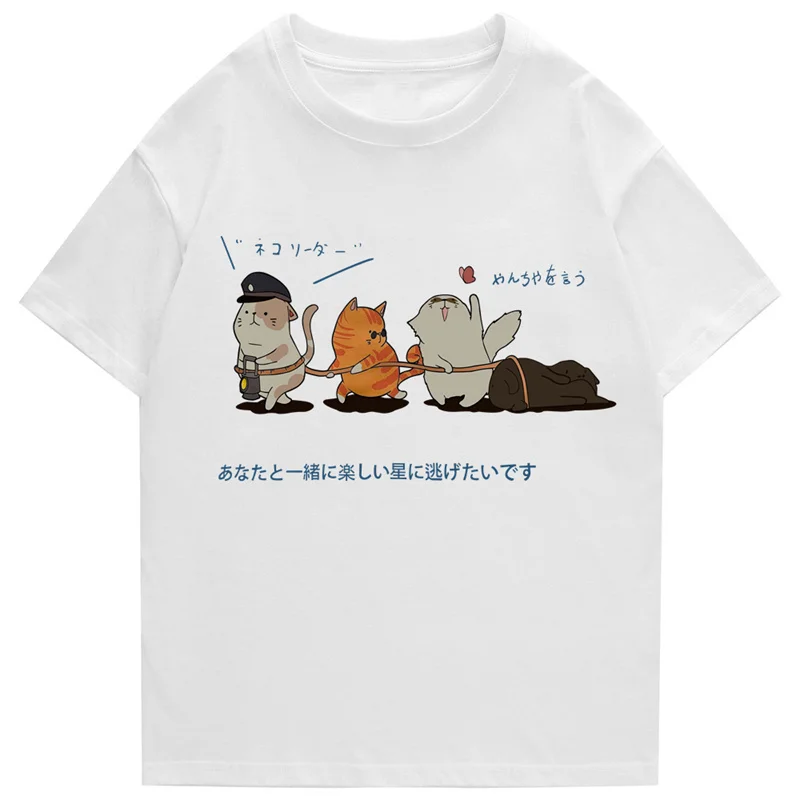 2022 Men Hip Hop T Shirt Streetwear Japanese Kanji Harajuku Funny Cat T-Shirt Summer Short Sleeve Tops Tees Cotton Print Tshirts