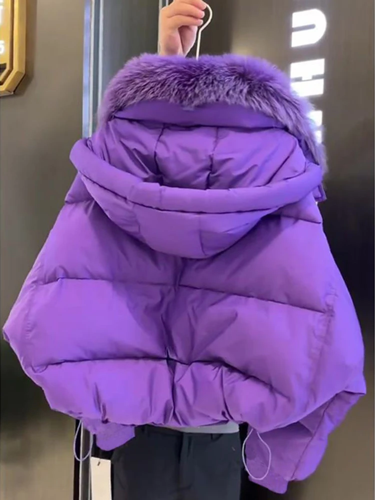 Down Jacket Women\'s Purple Short High-End Thick Warm Loose Windproof High-Grade Fur Collar Cotton-Padded Winter Stand CollarCoat